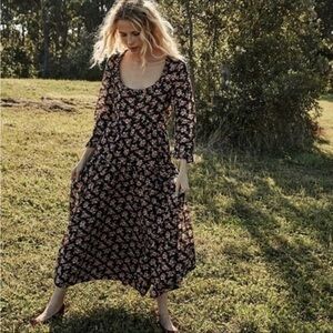 Doen Black Floral Maxi Dress with Pink Flowers